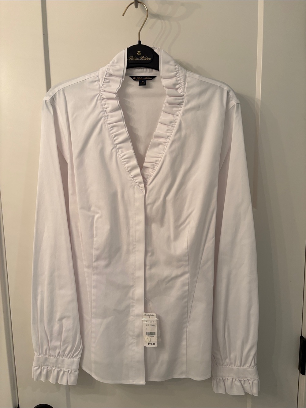 Brooks Brothers Collection White Ruffle V-Neck Long-Sleeve Blouse